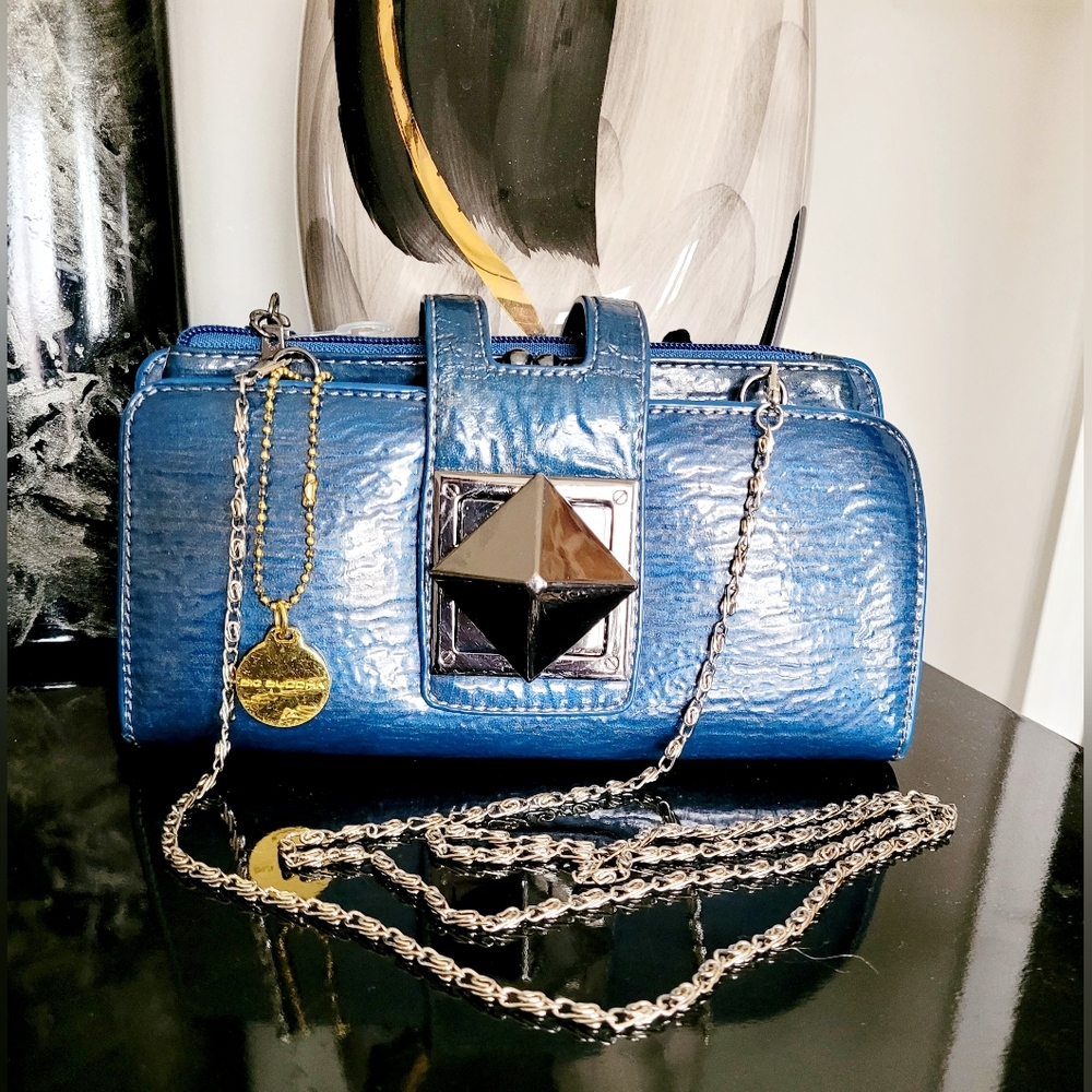 Big Buddha Blue Patent Leather Chain Clutch/Wallet/Crossbody Organizer 9"×5"